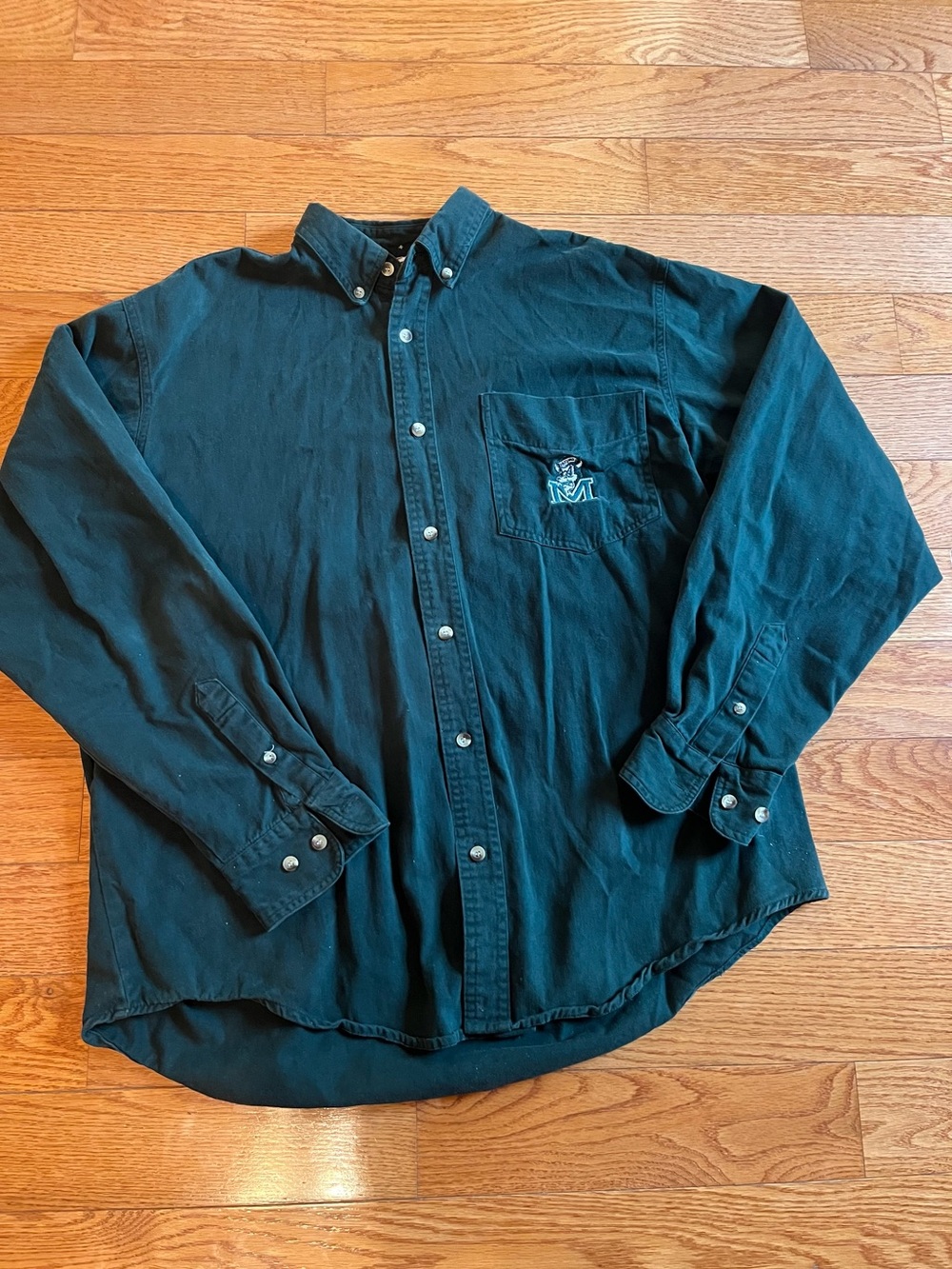 Long-Sleeve Button-Down Shirt in Deep Teal with Embroidered Chest Patch